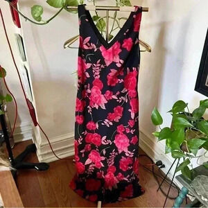 Vtg 90s SL Fashions Red Black Floral Maxi Dress - Size 10
